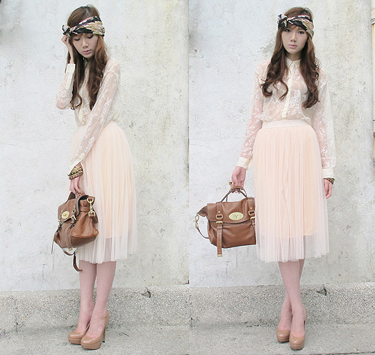 Good Vibrations!! - Nude pumps, Topshop, Bangles, H&M, Scarf worn as headpiece, Weeken, Sheer lace polo, H&M, Tulle midi skirt, Weeken, Bag, Mulberry, Gold elephant ring, Weeken, Camille Co