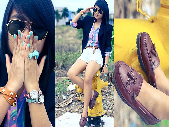 Summer Turquoise , Lai Serrano, Colorful plaid, H&M, Double layered bracelet, Weeken, Blue and pink watches, Weeken, Bow ring, Forever21, Vaitors, Weeken, Vaga Bond Loafers, Weeken, Lai Serrano, Philippines