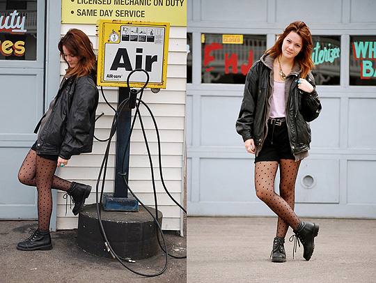 Take Me Anywhere  - Dad's old jacket, Marchesa, Hoodie, Weeken,  tights, H&M, Mom's old boots, Weeken, Shorts, H&M, Deanne M