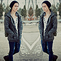 Out of the blue uninvited.  - Rosary necklace, ASOS, Black slouch beanie, Weeken, Parka, Forever21, White tank top, H&M, Black cardigan, H&M, Dark denim skinny jeans, Weeken, Dr. marten boots, Weeken, Military bag, American Eagle, Blake Jacobsen, United States