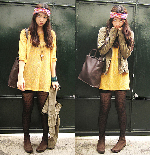 No Spring Where I Come From, So Let's Wear it Instead , Aileen Belmonte, Patterned tights, Forever21, Vintage scarf, Weeken, Oversized sweater, Forever21, Ankle boots, Weeken, Army jacket, Old Navy, Aileen Belmonte, Malaysia