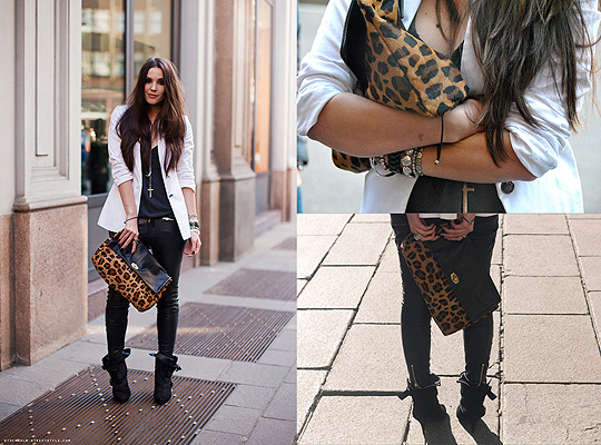 In milan  - Suede ankle boots, Givenchy, White blazer, Zara, Leather trousers, Weeken, Leopard clutch, ASOS, Candy