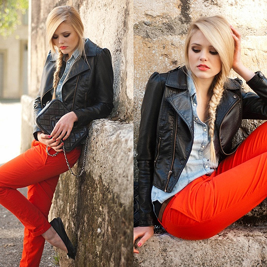 Tangerine pants - On Kayture blogspot , Kristina Bazan, Pants, Zara, Leather Jacket, H&M, Denim Top, H&M, Bag, Weeken, Kristina Bazan, Switzerland