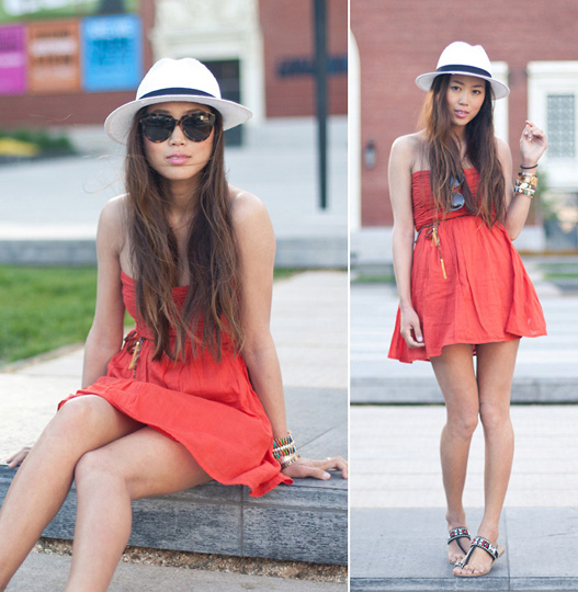 It's Warm Enough for a Strapless Dress , Aimee Song, Orange Dress, Zara, Panama Hat, Weeken, Aimee Song, United States