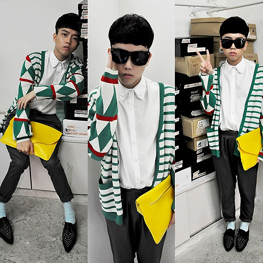 I fell in love with a yellow banana on the christmas tree., Andy Ker, Cardigan, Weeken, H&M inspired, H&M, Low crotch pants, Weeken, Double collar white shirt, Weeken, Pointed creepers, Weeken, Andy Ker, Singapore