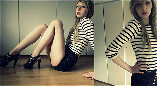 I see a sunset every evening. - High-waist Shorts, Zara, Striped shirt, Zara, High heels, Weeken, Olivia P