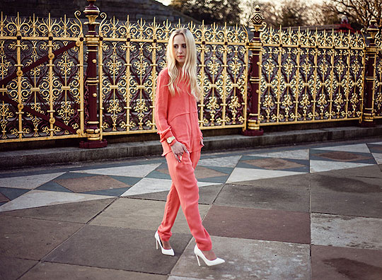 Coral pink - Theory, Theory, Theory trousers, Theory, Joes heels from Solestruck, Weeken, Guess watch, Weeken, Alice Mary