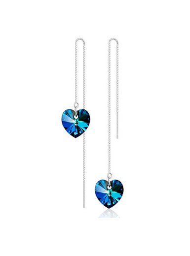 925 Silver Women's Long Blue Crystal Ocean Heart Earrings